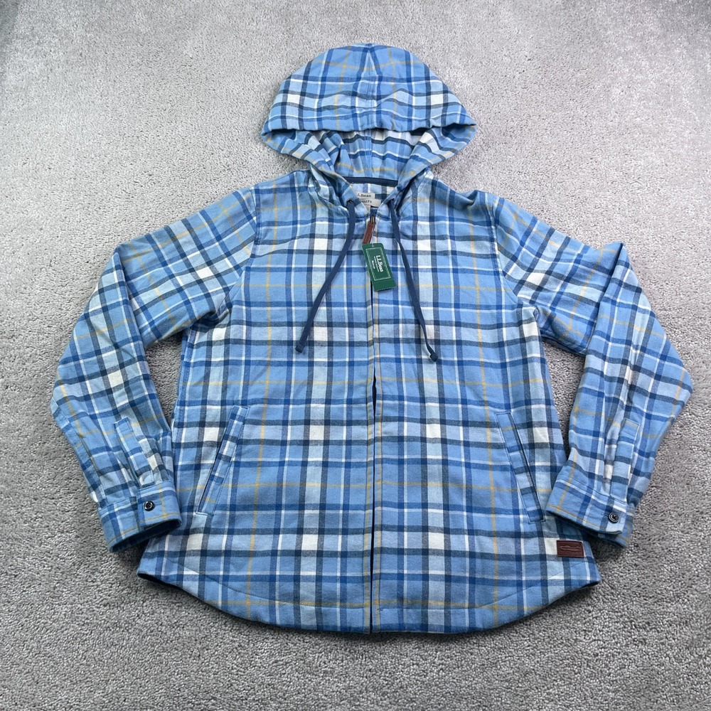 NEW LL Bean Hoodie Womens XS Blue Scotch Plaid Zip Up Relaxed Fit Flannel Jacket